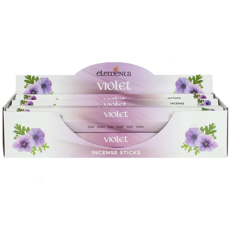 Karton kadzidełek Elements Violet w fioletowych tonacjach z motywem kwiatów fiołka.