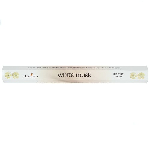 Opakowanie kadzidełek Elements White Musk w białych i kremowych tonacjach z delikatnym motywem kwiatowym.