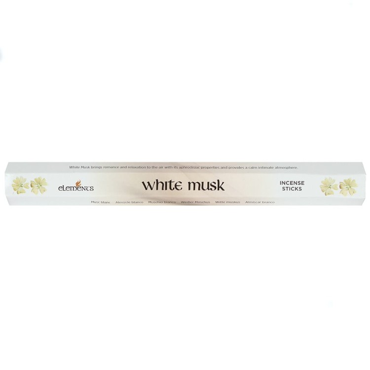 Opakowanie kadzidełek Elements White Musk w białych i kremowych tonacjach z delikatnym motywem kwiatowym.