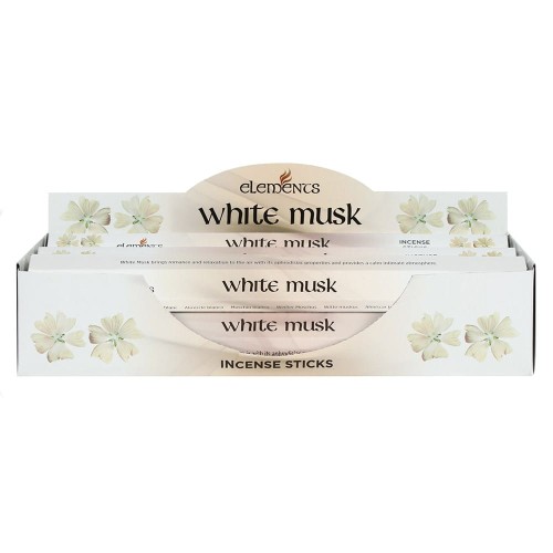 Karton kadzidełek Elements White Musk w białych i kremowych tonacjach z delikatnym motywem kwiatowym.