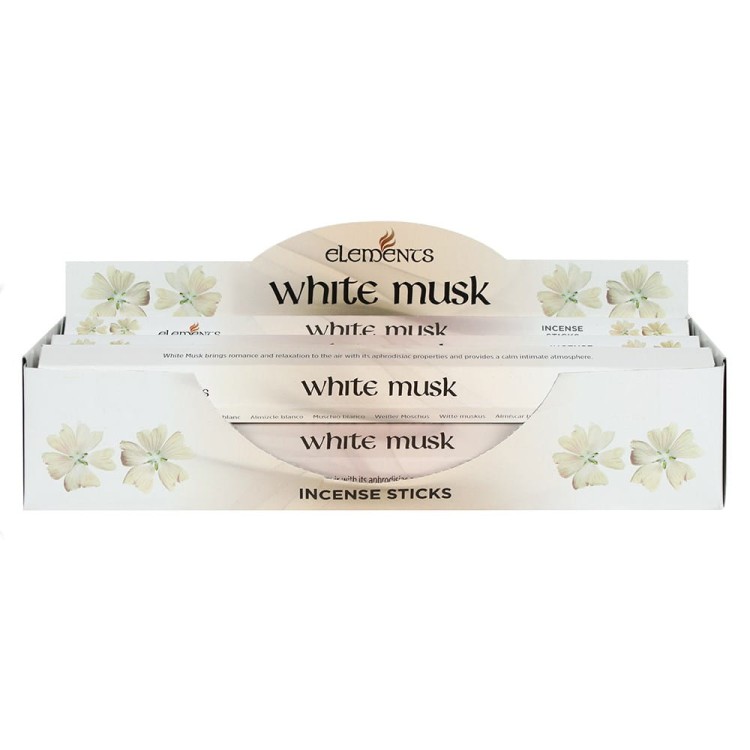 Karton kadzidełek Elements White Musk w białych i kremowych tonacjach z delikatnym motywem kwiatowym.