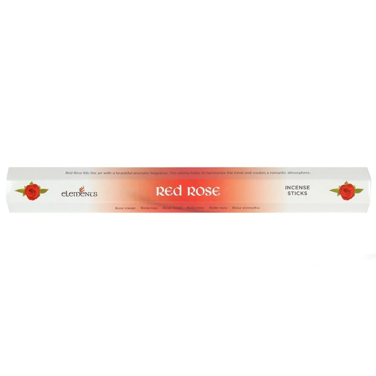 Opakowanie kadzidełek Elements Red Rose w czerwonych tonacjach z grafiką kwiatów róży.