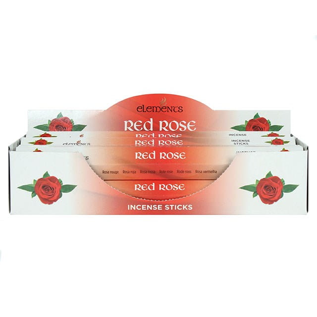 Karton kadzidełek Elements Red Rose w czerwonych tonacjach z grafiką kwiatów róży.