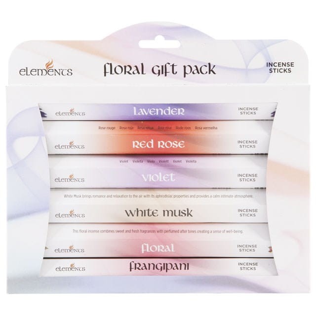 Zestaw prezentowy Elements Floral Gift Pack z 6 paczkami kadzidełek o zapachach kwiatowych: Lavender, Red Rose, Violet, White Musk, Floral i Frangipani.