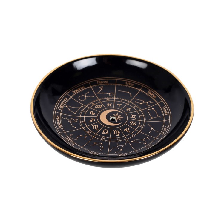Czarna ceramiczna podstawka pod kadzidełka ze złotym motywem koła zodiaku i symbolami znaków astrologicznych wygląd z boku
