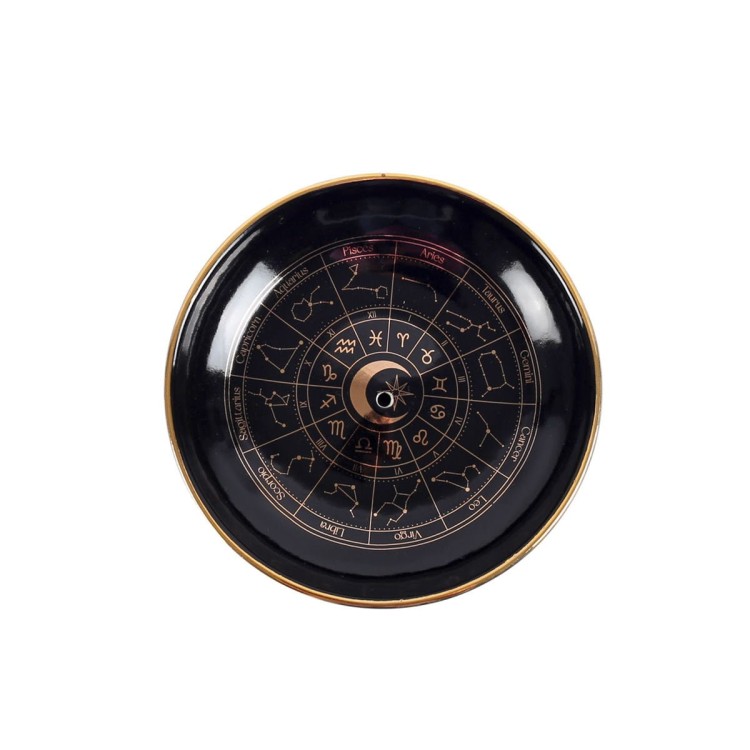 Czarna ceramiczna podstawka pod kadzidełka ze złotym motywem koła zodiaku i symbolami znaków astrologicznych wygląd z góry