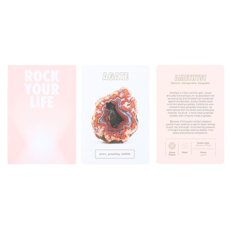 Talia kart Rock Your Life – zestaw 40 kart z ilustracjami kamieni szlachetnych i opisami ich właściwości energetycznych, w pastelowym pudełku z napisem złotą czcionką.