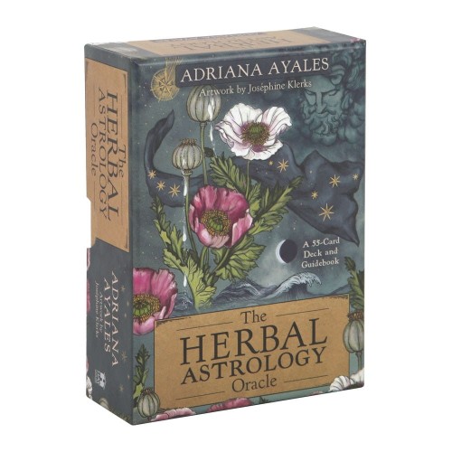 Talia kart oraklowych The Herbal Astrology Oracle z ilustracjami roślin, planet i symboli natury na tle zielono-złotej okładki z makami.