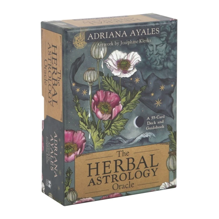 Talia kart oraklowych The Herbal Astrology Oracle z ilustracjami roślin, planet i symboli natury na tle zielono-złotej okładki z makami.