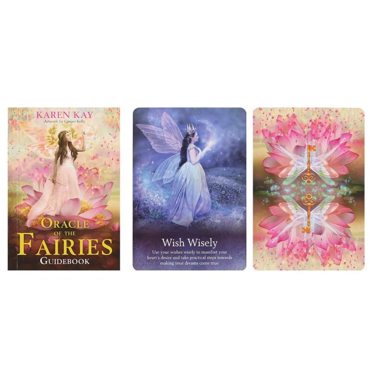 Talia kart Oracle of the Fairies autorstwa Karen Kay – eteryczne wróżki w pastelowych barwach różu, złota i fioletu na tle kwiatów lotosu 3 wybrane karty poglądowe