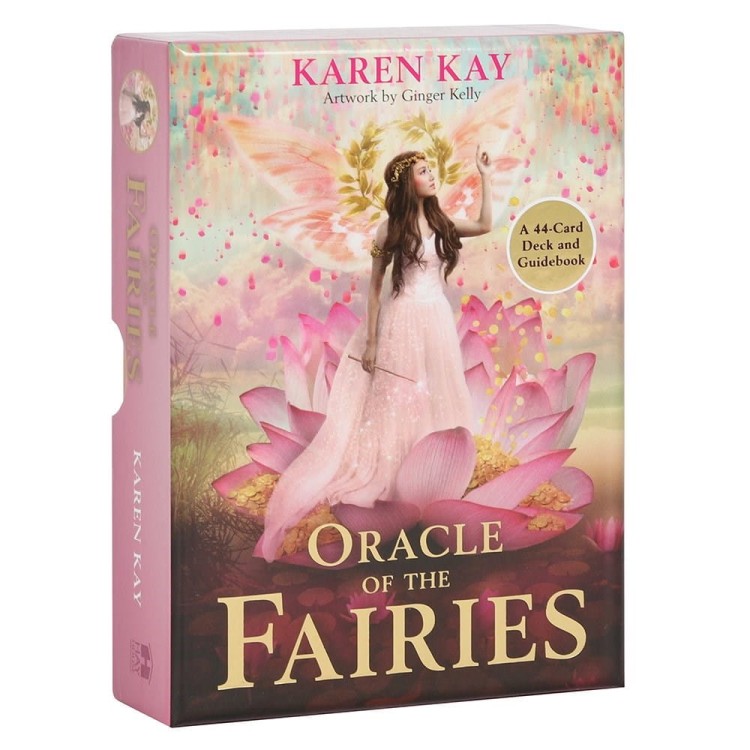 Talia kart Oracle of the Fairies autorstwa Karen Kay – eteryczne wróżki w pastelowych barwach różu, złota i fioletu na tle kwiatów lotosu.