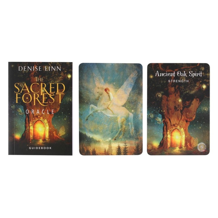 Przewodnik i przykładowe karty The Sacred Forest Oracle przedstawiające Pegaza i Duchy Lasu.