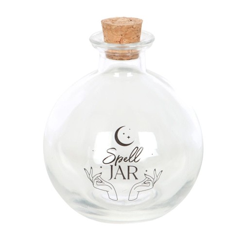 Szklany słoiczek na zaklęcia z korkiem i napisem „Spell Jar” – narzędzie do rytuałów i manifestacji.
