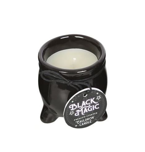Biała świeca rytualna Black Magic Happiness w czarnym kociołku – symbol radości i wdzięczności.