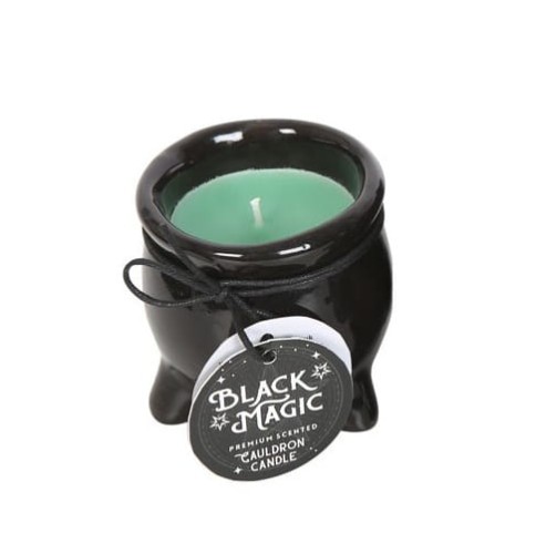 Zielona świeca rytualna Black Magic Luck w czarnym kociołku – symbol szczęścia i obfitości.