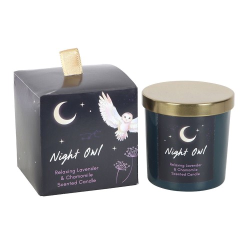 Świeca Night Owl w ozdobnym opakowaniu z motywem księżyca i sowy – idealna na prezent.