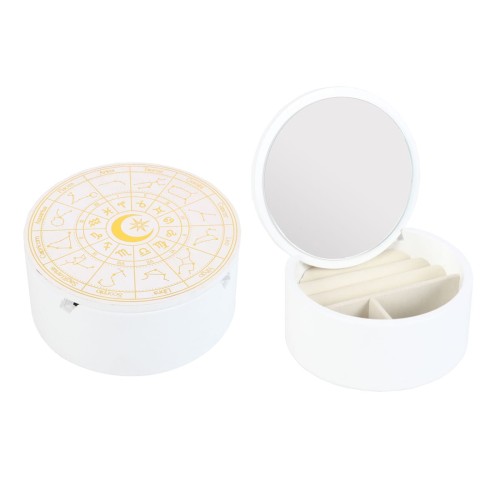 Astrologiczna szkatułka z lusterkiem i przegródkami – eleganckie wnętrze na talizmany i biżuterię.