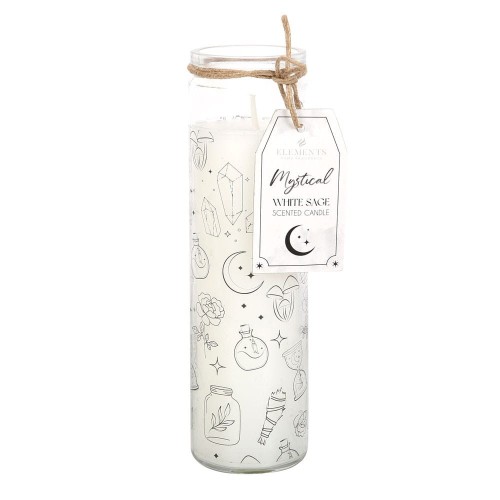 Świeca rytualna Mystical White Sage – oczyszczająca świeca w szkle z symbolami alchemicznymi.