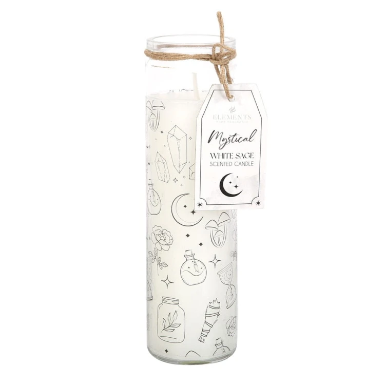 Świeca rytualna Mystical White Sage – oczyszczająca świeca w szkle z symbolami alchemicznymi.