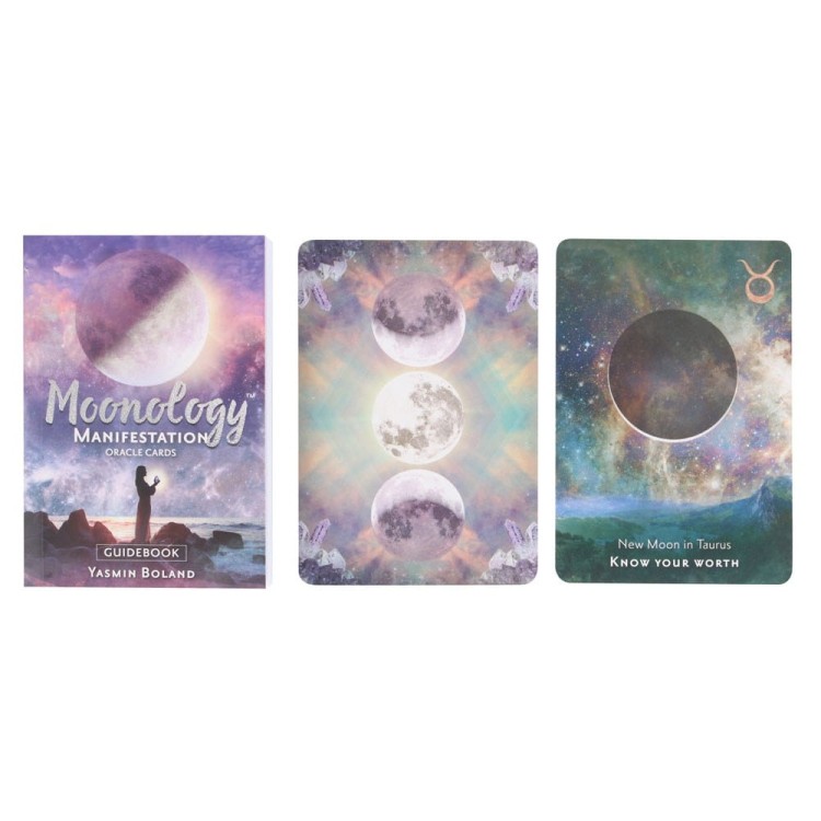Księżycowe karty wyroczni z przewodnikiem Yasmin Boland i kartą „New Moon in Taurus – Know your worth”.