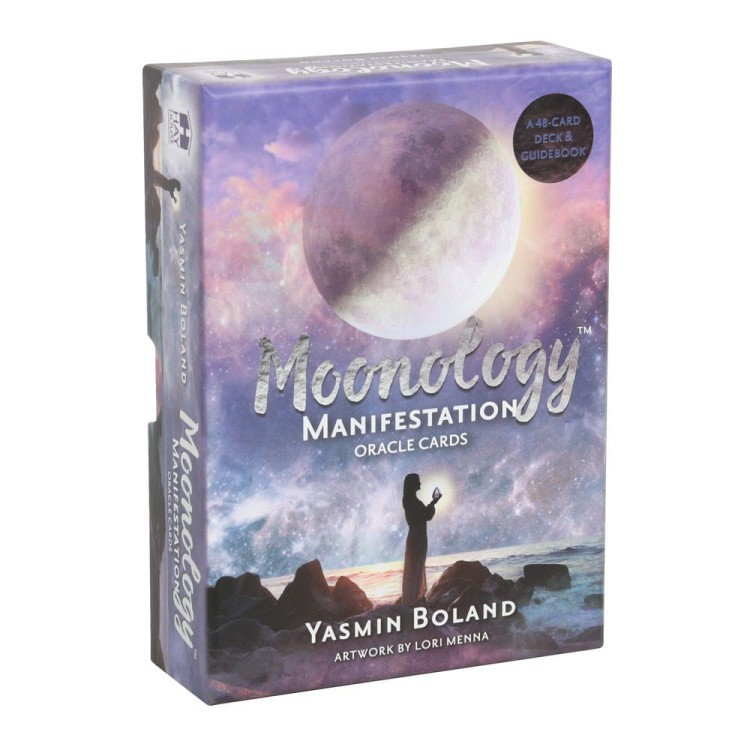 Opakowanie kart Moonology Manifestation Oracle Cards Yasmin Boland z motywem księżyca i kosmicznego nieba.