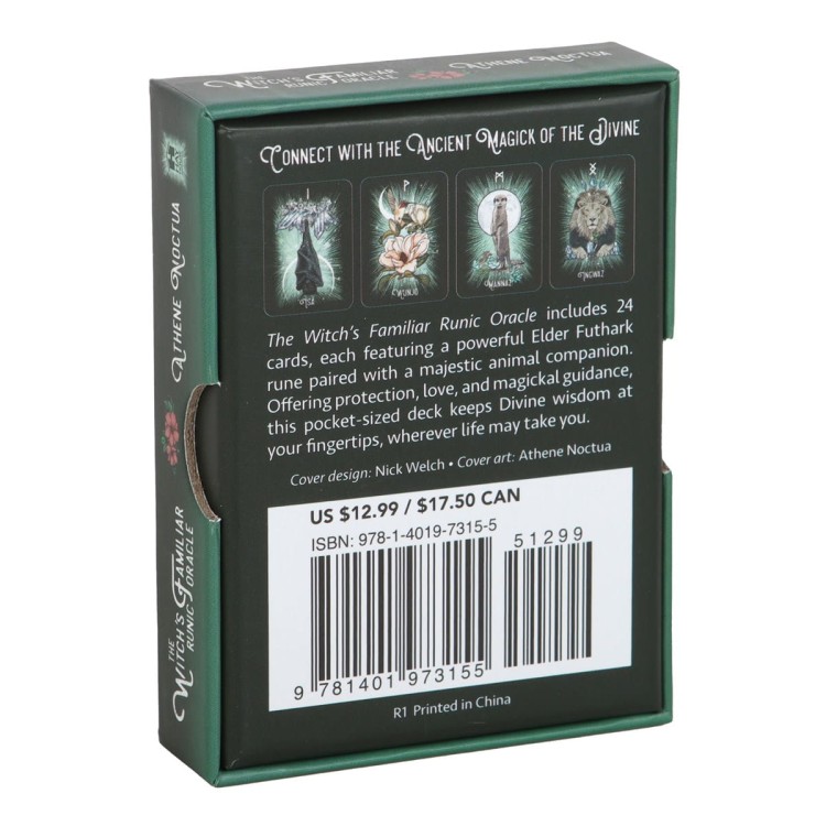 Tył opakowania The Witch’s Familiar Runic Oracle z opisem talii i przykładami kart.