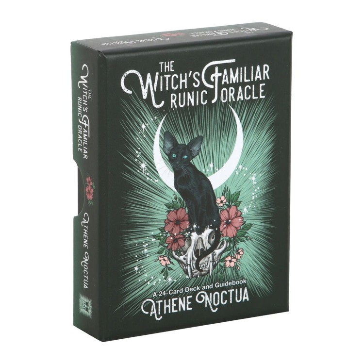 Przód pudełka The Witch’s Familiar Runic Oracle z czarnym kotem i półksiężycem.