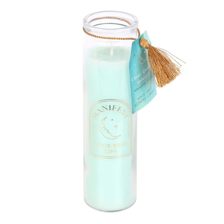 Szklana świeca White Sage z etykietą „Manifest Your Best Life