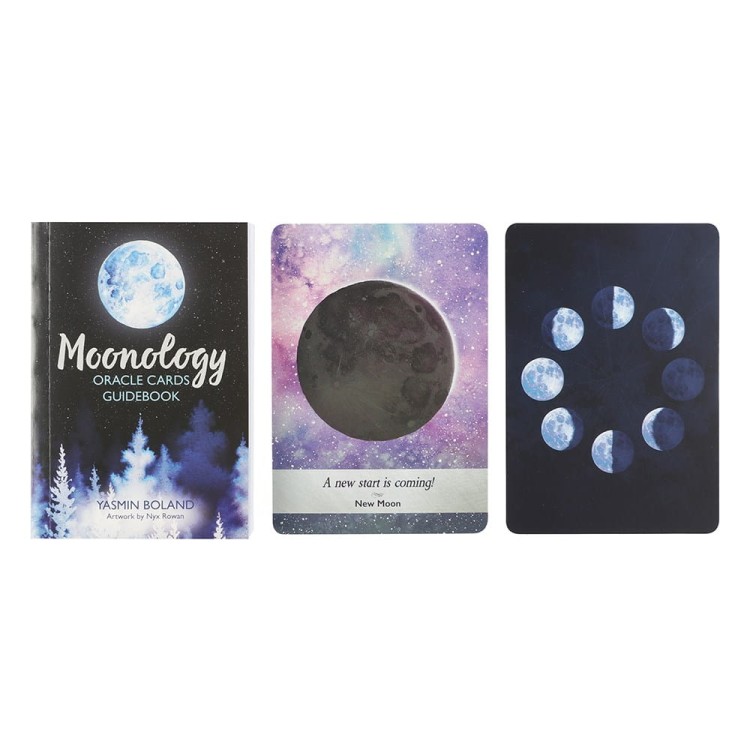 Przewodnik Moonology, karta Nowiu i karta z fazami Księżyca.