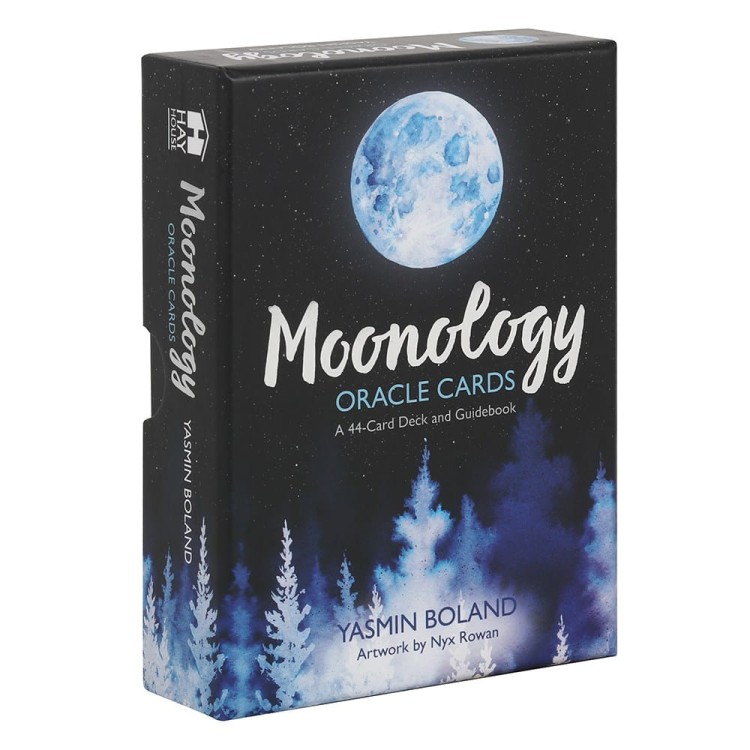 Pudełko Moonology Oracle Cards z ilustracją pełni Księżyca.