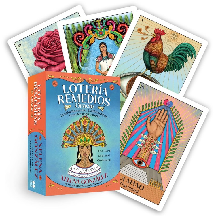 Pudełko talii Lotería Remedios Oracle wraz z kilkoma kartami przedstawionymi na wierzchu.