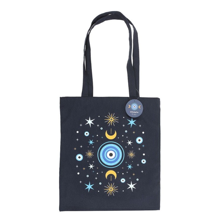 Granatowa torba tote bag z motywem All Seeing Eye, gwiazdami i księżycami na białym tle