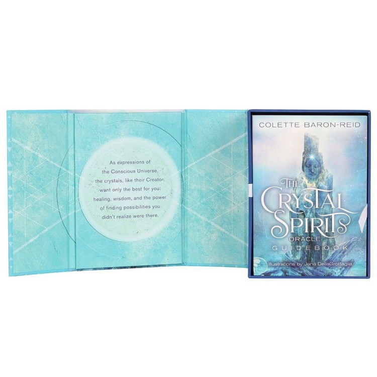 Wnętrze pudełka Crystal Spirits Oracle z cytatem i przewodnikiem.
