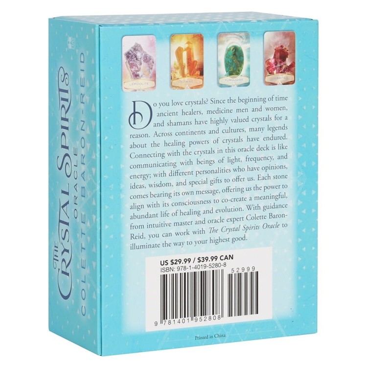 Tył pudełka Crystal Spirits Oracle z opisem i miniaturami kart.