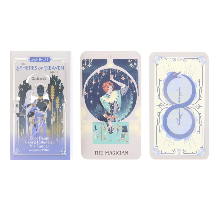 Książeczka przewodnika oraz karta Magika z talii Spheres of Heaven Tarot, elegancka ilustracja.