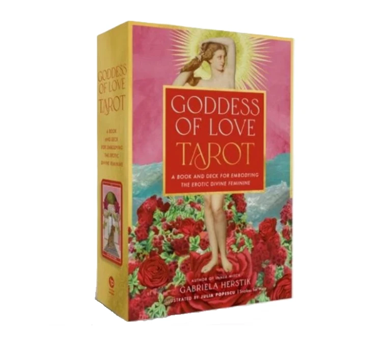 Zestaw Goddess of Love Tarot – kolorowe pudełko z ilustracją boskiej kobiecej postaci otoczonej różami i złotą aurą, talia tarota o tematyce miłości i żeńskiej energii