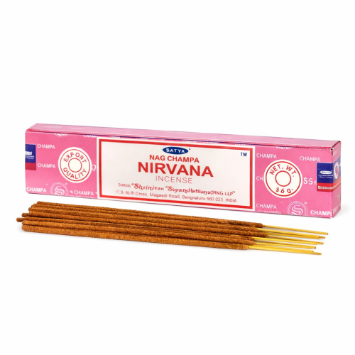 Satya Nirvana Oryginalne Indyjskie Kadzidełka Pudełko 15g (około 12-14szt patyczków) Zapach: Nirvana Kolekcja kadzidełek Satya charakteryzuje sie bardzo przyjemną harmonią zapachu która zostaje w pomieszczeniu na długi czas po wypaleniu kadzidełka.
