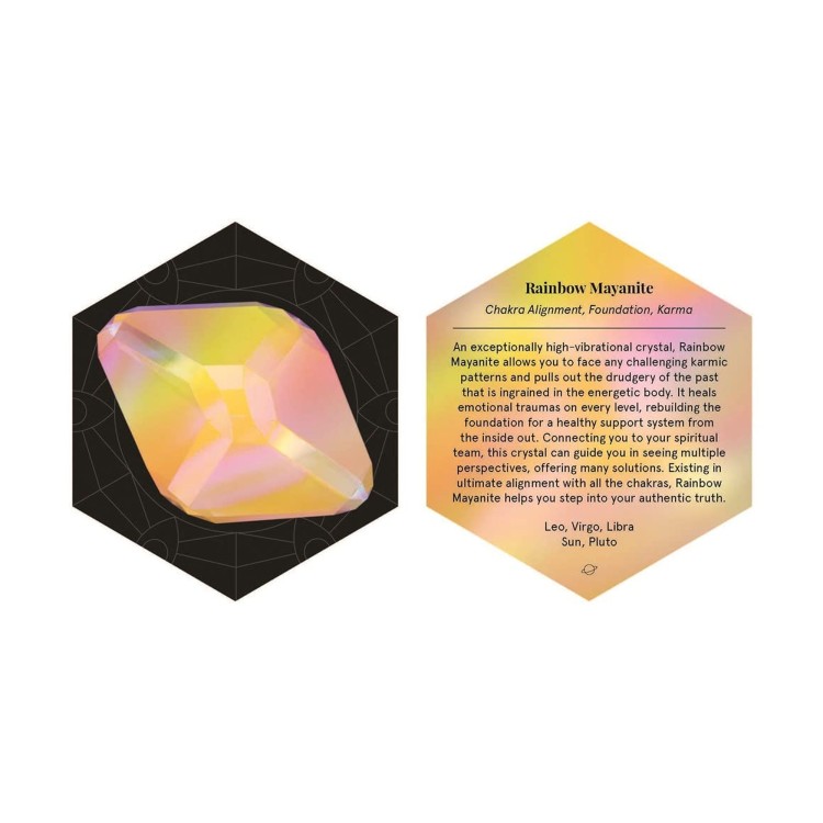 Karty z opisami kryształów: Amethyst, Rainbow Aura Quartz, Aventurine, Rhodochrosite