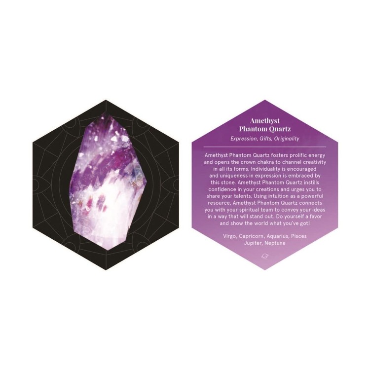 Kolorowe ilustracje kart The Crystal Grid Deck – energia minerałów i planet
