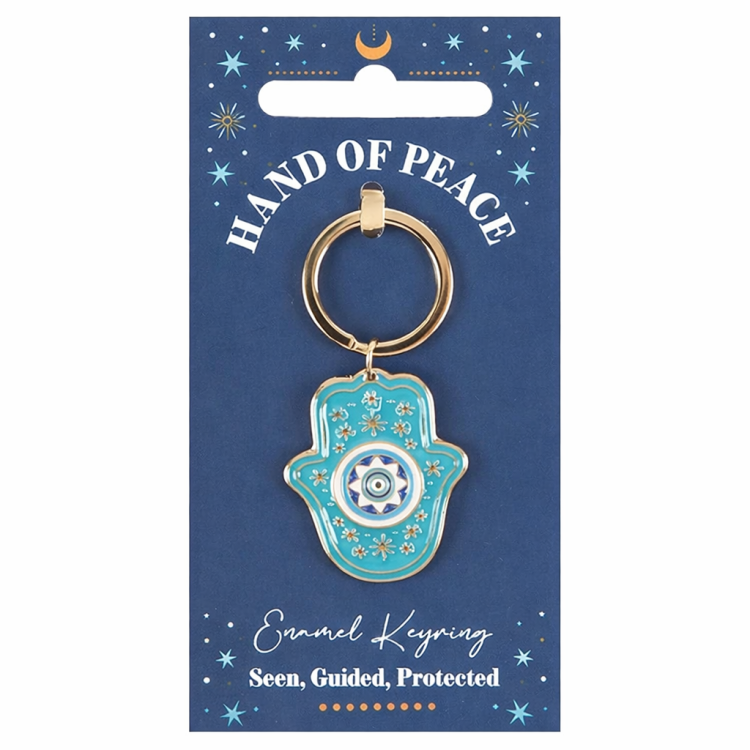 Turkusowy breloczek w kształcie dłoni Hamsy z okiem ochronnym, na granatowej karcie z napisem „Seen, Guided, Protected”.