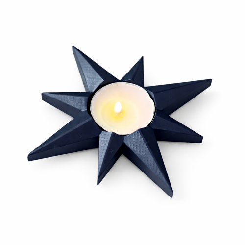 Granatowy świecznik w kształcie ośmioramiennej gwiazdy – elegancki i mistyczny element dekoracyjny.