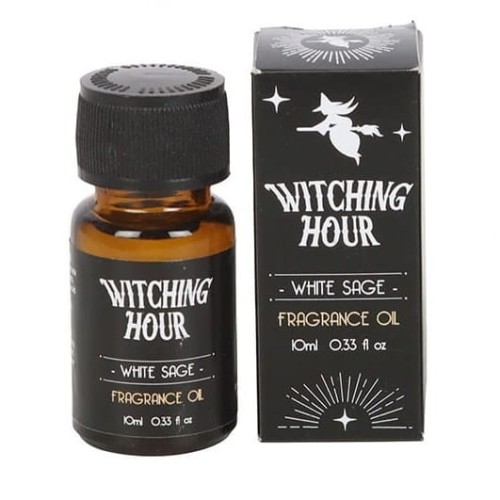 Olejek zapachowy Witching Hour White Sage z czarnej kolekcji Midnight Rituals, flakon i opakowanie z symbolem czarownicy.