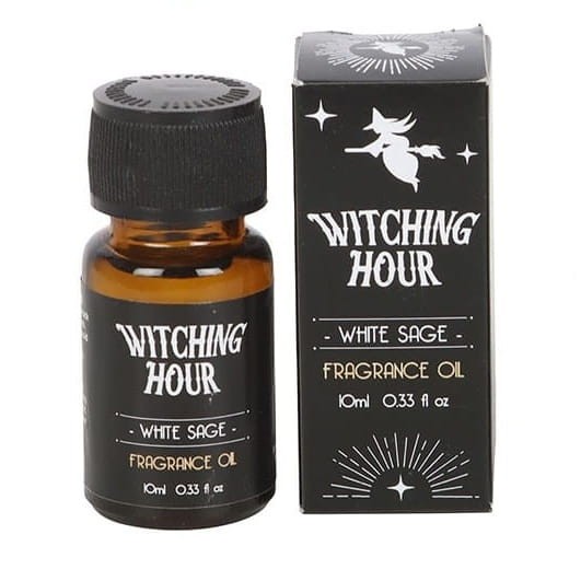 Olejek zapachowy Witching Hour White Sage z czarnej kolekcji Midnight Rituals, flakon i opakowanie z symbolem czarownicy.