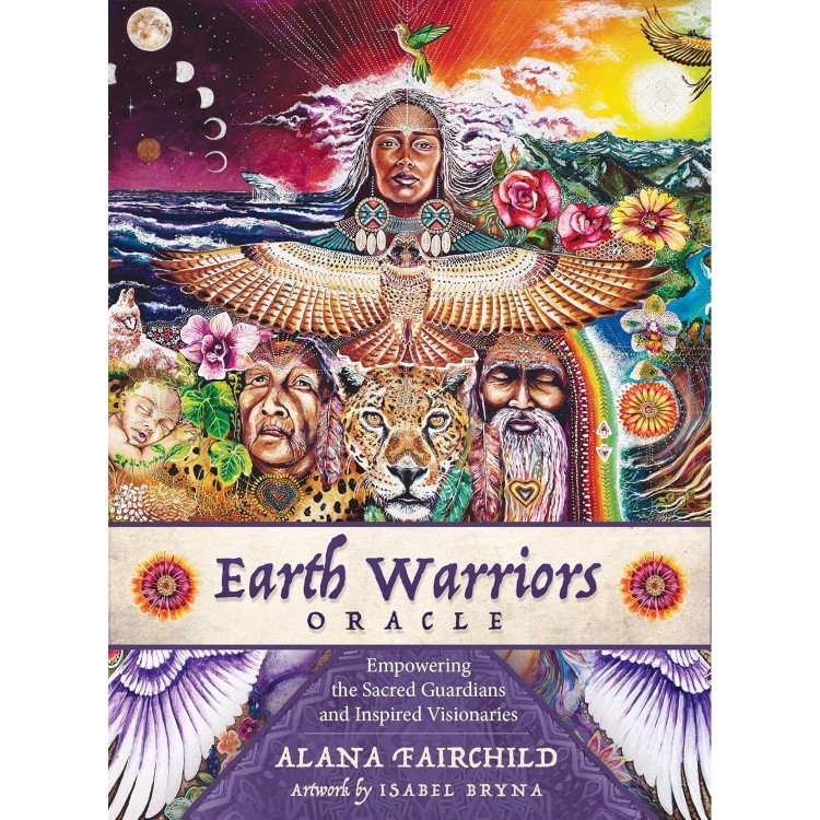Okładka pudełka Earth Warriors Oracle z kolorową ilustracją przedstawiającą duchowe postaci, zwierzęta mocy i elementy natury.