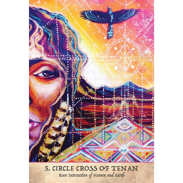 Karta „Circle Cross of Tenan” z kolorową, etniczną ilustracją kobiety, ptakiem i geometrycznymi wzorami.