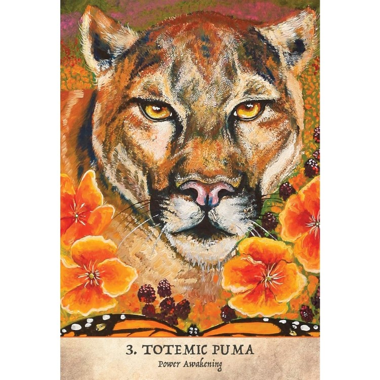 Karta „Totemic Puma” przedstawiająca pumę otoczoną intensywnymi pomarańczowymi kwiatami.