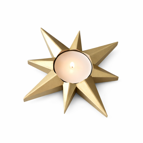 Gold Star – świecznik na tealight w kształcie złotej gwiazdy. Elegancki dodatek do wnętrz i świątecznych dekoracji. Wykonany z żywicy.
