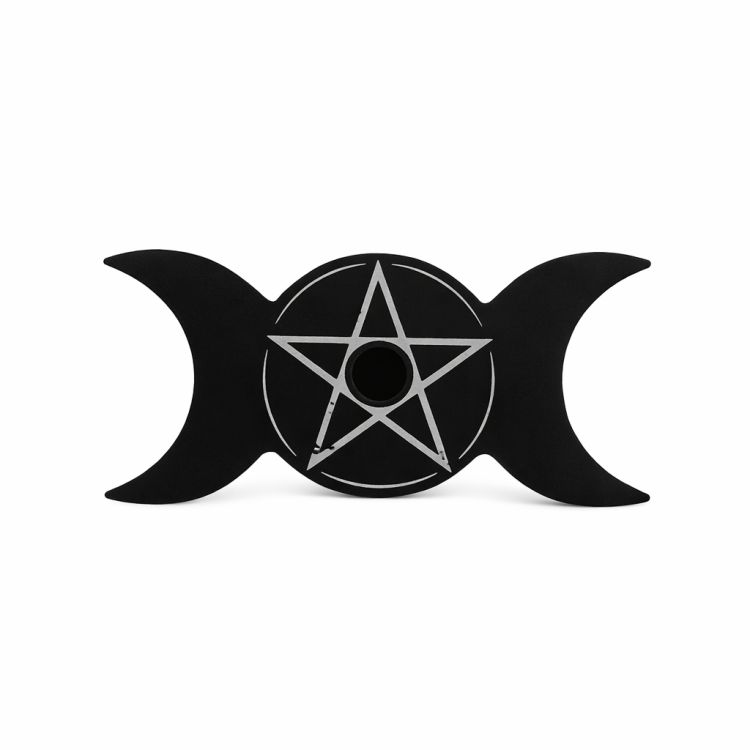 Czarny świecznik w kształcie potrójnego Księżyca z Pentagramem  na świeczki z serii Magic Spell. Naturalny, prosty design idealny do świątecznych aranżacji i codziennego wystroju wnętrza.