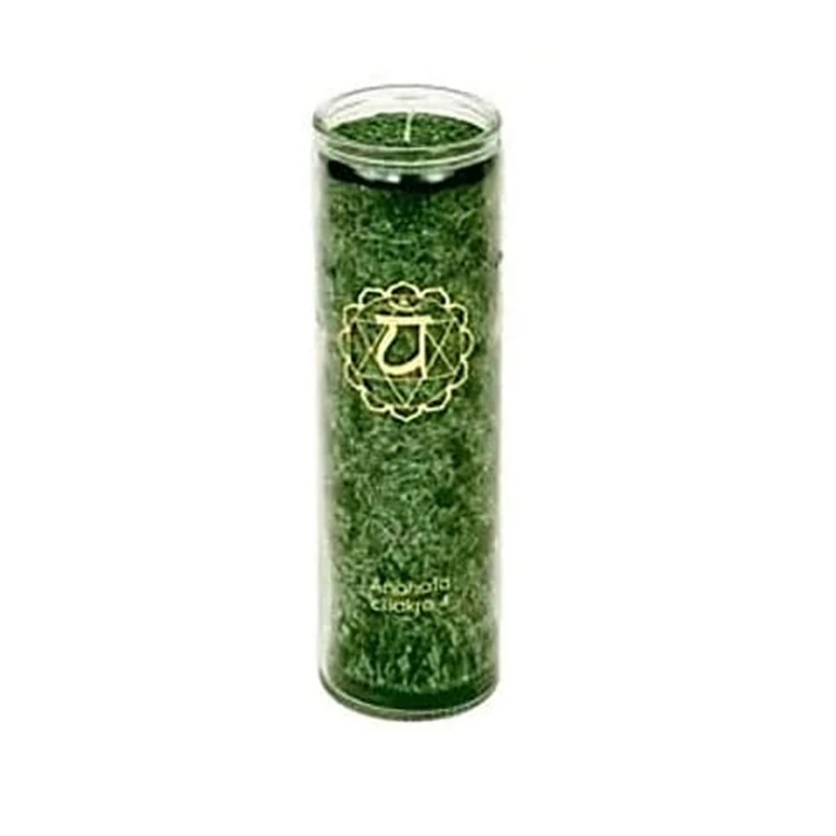 Świeca Czakra Serca Anahata z ekologicznego wosku palmowego w zielonym kolorze. Symbolizuje miłość, harmonię i współczucie. Ręcznie wykonana, w szklanym pojemniku, idealna do medytacji, pracy z czakrami i tworzenia atmosfery spokoju.