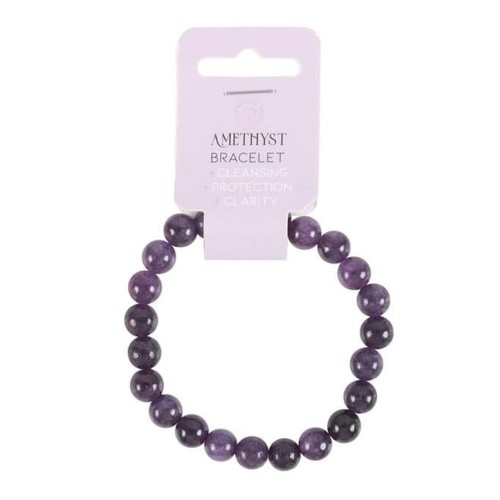 Bransoletka z naturalnego ametystu – „Kamień Spokoju”. Wspiera oczyszczanie, ochronę i jasność umysłu. Polerowane fioletowe koraliki na elastycznej żyłce, idealne do medytacji, jogi i codziennego noszenia.